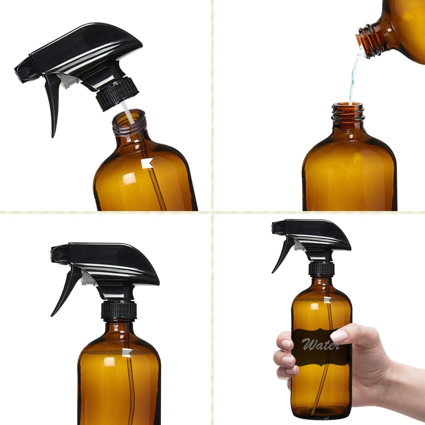 Amber Glass Spray Bottles For Cleaning Solutions (4 Pack) - 16 Ounce, Refillable Sprayer for Essential Oil, Water, Kitchen, Hair. Durable Black Trigger Sprayer w/Mist and Stream Settings