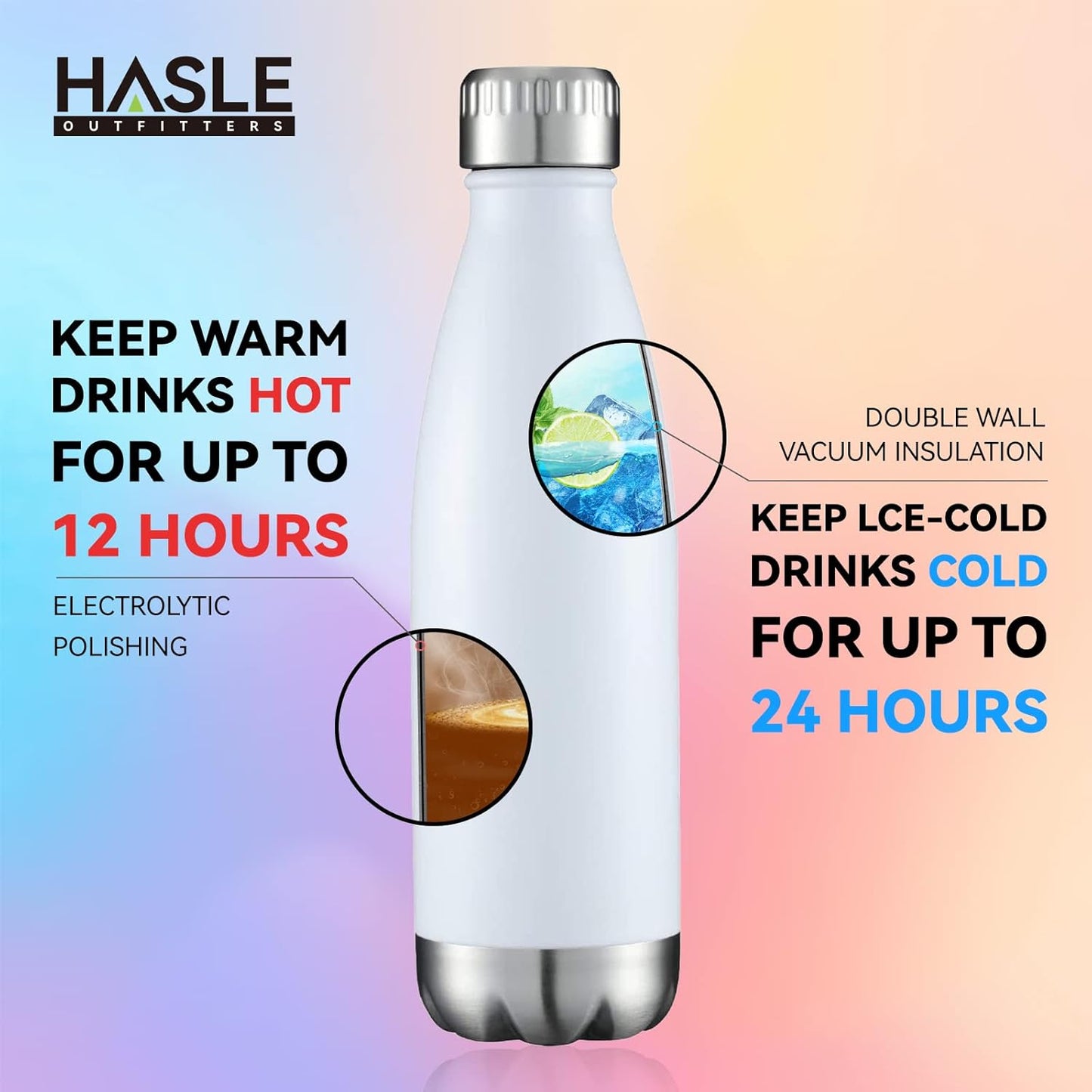 HASLE OUTFITTERS 17oz Stainless Steel Water Bottles Bulk, Vacuum Insulated Water Bottles Double Walled Powder Coated Reusable Metal Sports Water Bottles Keep Drinks Hot and Cold, White, 4Packs