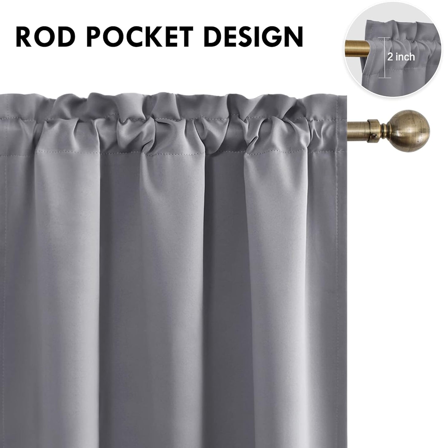 DWCN Blackout Curtains for Bedroom - Thermal Insulated Privacy Energy Saving Rod Pocket Drapes for Living Room, W 38 x L 72 Inch, Grey, Set of 2