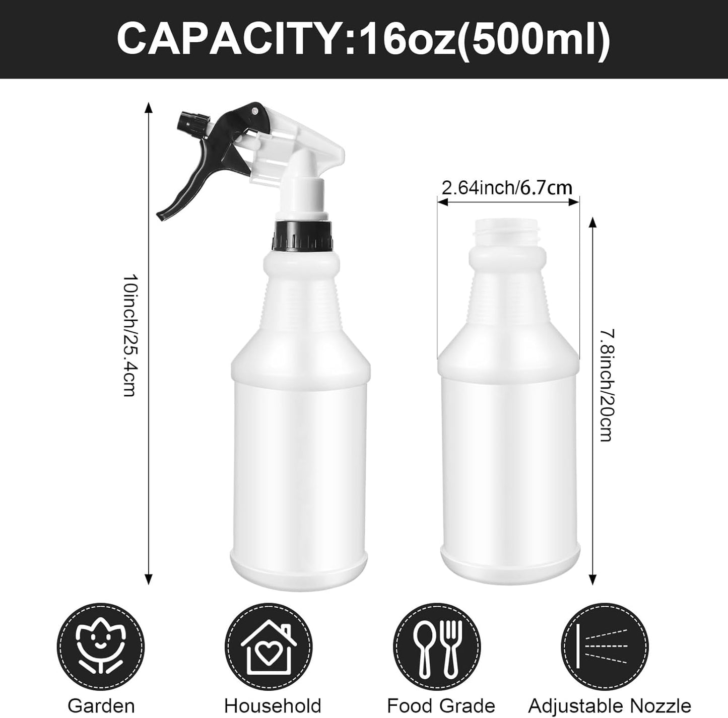 Eccliy 12 Pcs 16 Oz Plastic Spray Bottle, Adjustable Empty Reusable Sprayer for Cleaning, Planting, Water, Bathroom and Kitchen, BBQ, Commercial and Residential(Black, White,Original)