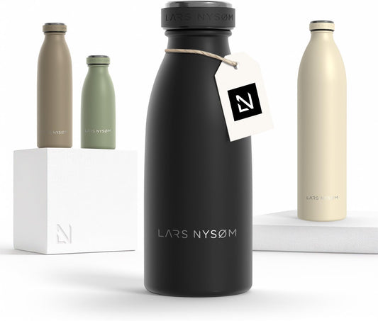 LARS NYSØM Stainless Steel Insulated Water Bottle 12oz 17oz 25oz 34oz 51oz | Insulated Thermo Flask for Hot and Cold Beverages | Leakproof Drinking Bottle (Carbon Black, 11.9oz)