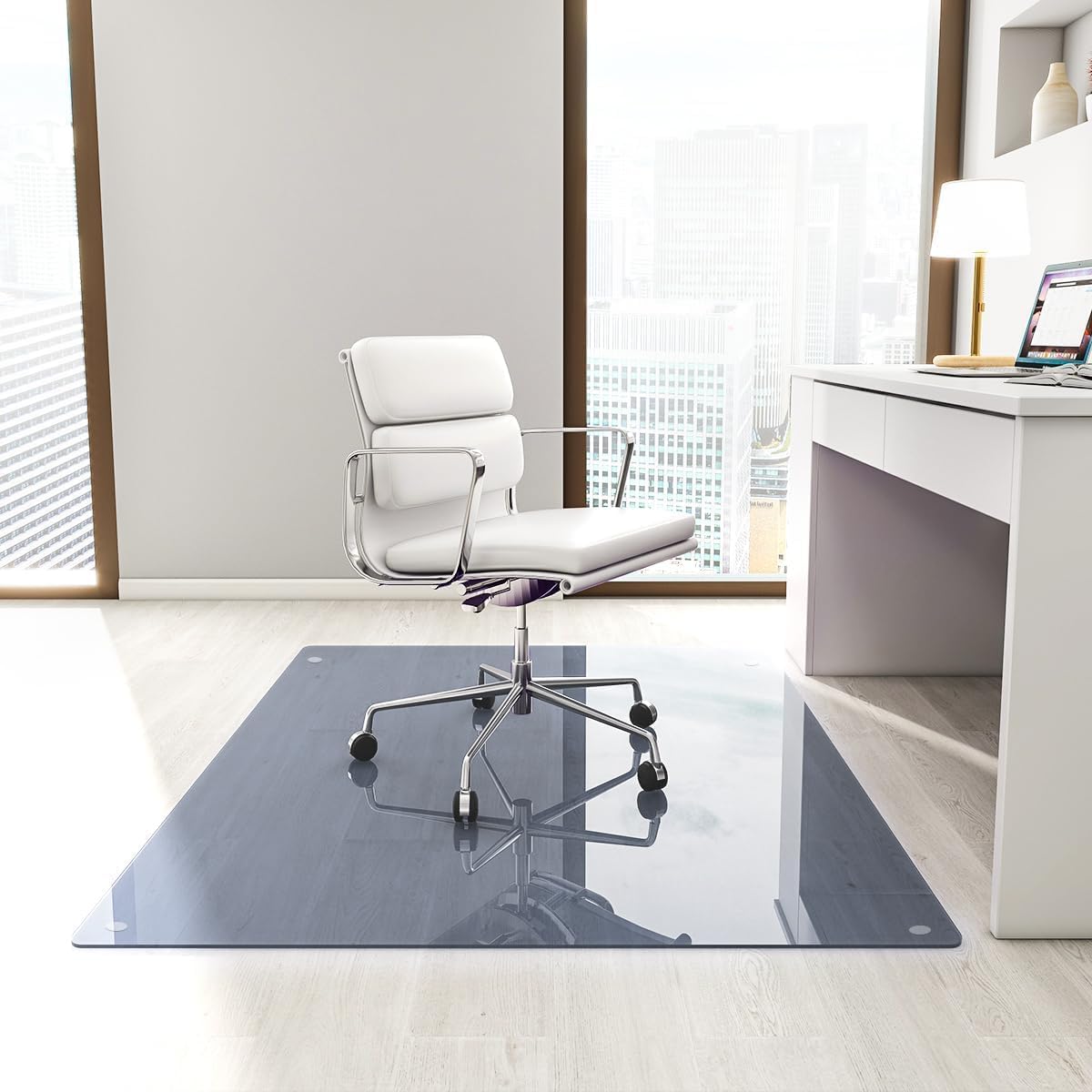 [Tempered Glass] 46" x 55" Glass Chair Mat, Heavy Duty Hard Tempered Glass Mat with Round Corner and Polished Edge, Transparent Glass Office Chair Mat for Office and Home Hard Floor or Carpeted, Grey