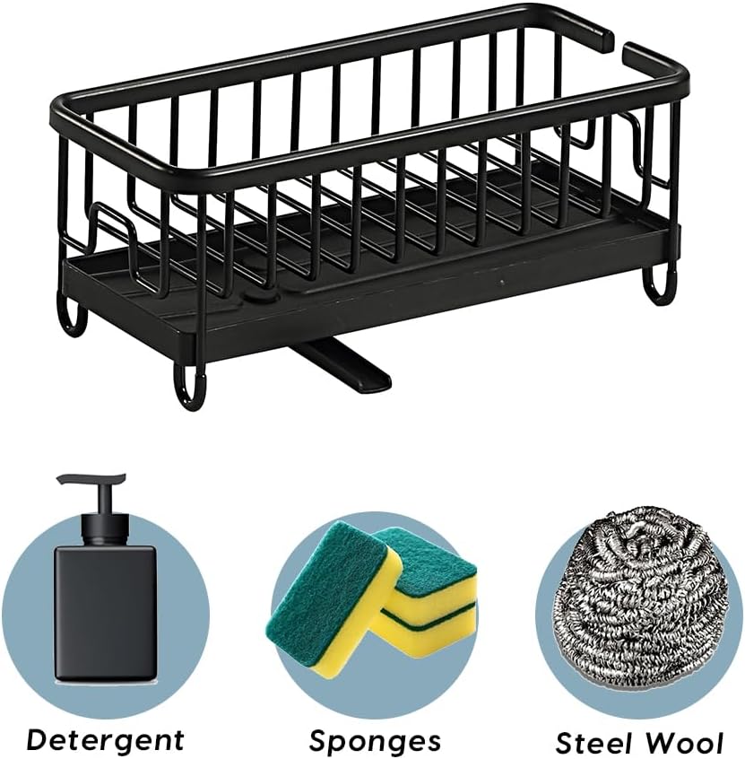 SunnyPoint Never Rust Aluminum Utensil, Sink Cleaning Tools Holder for Kitchen Sink with Drain Board; Dish Wand, Sponge, Soap Dispenser, Utensil Organizer Caddy (BLK)