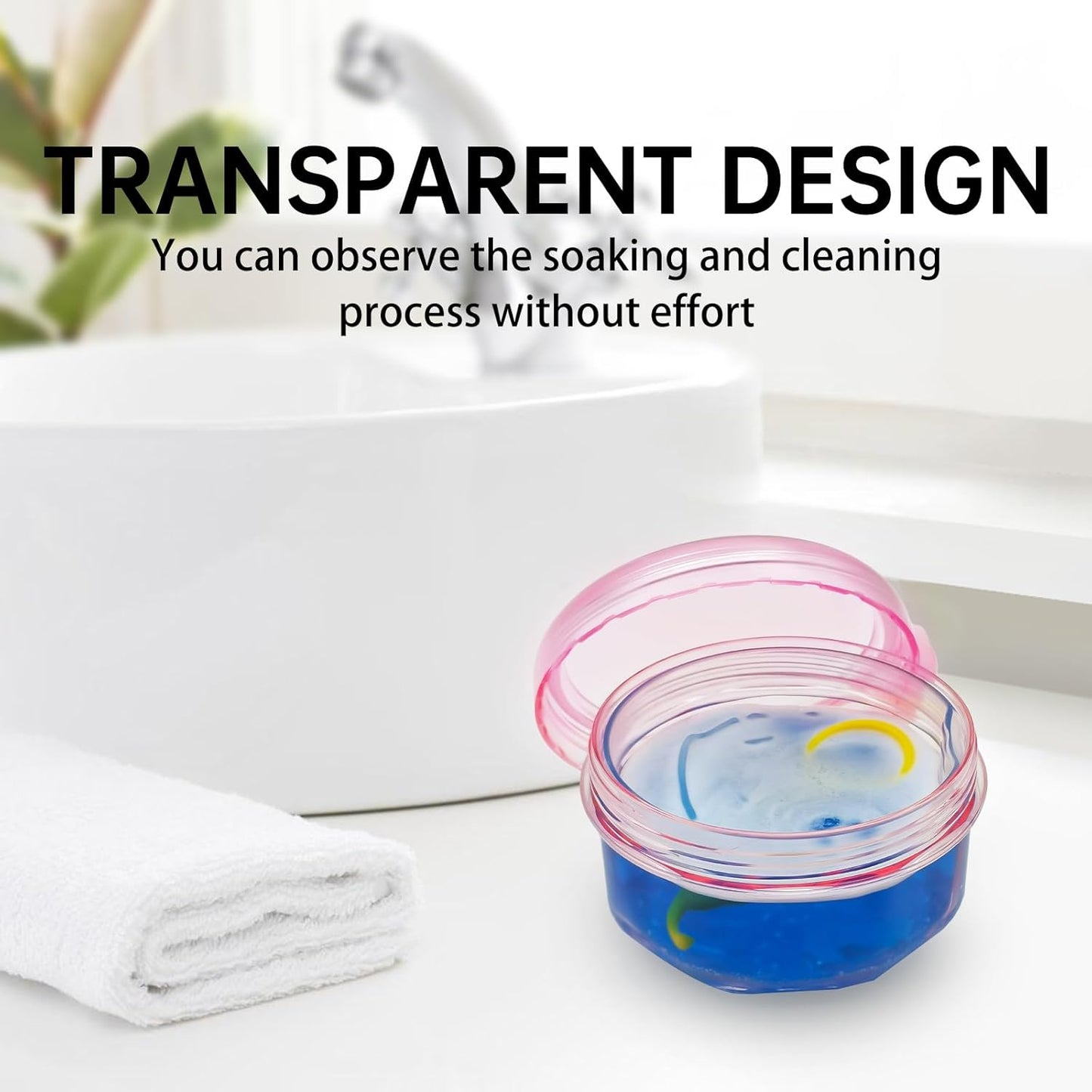 Denture Bath Case Denture Cleaning Cup with Lid Leak Proof, False Teeth Holder Mouthguard Storage Box Retainer Soaking Case for TravelHousehold|Office - Transparent Pink