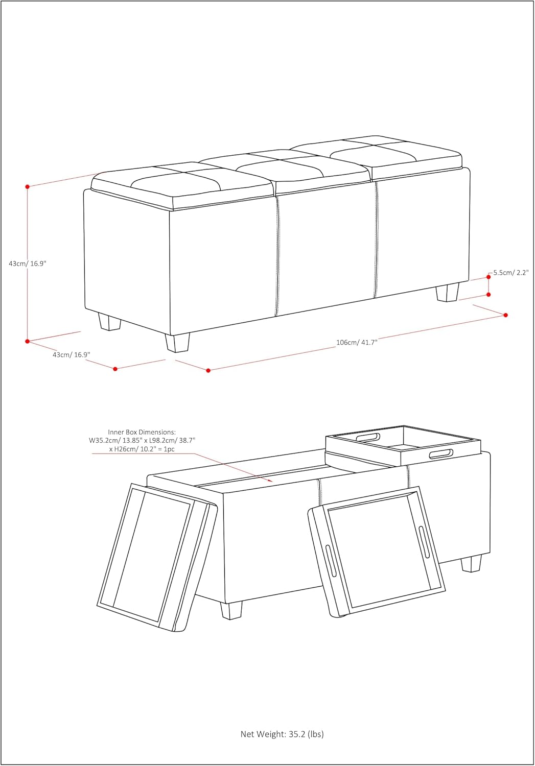 SIMPLIHOME Avalon 42 inch Wide Contemporary Rectangle Storage Ottoman in Stone Grey Vegan Faux Leather, Assembled, For the Living Room, Entryway and Family Room