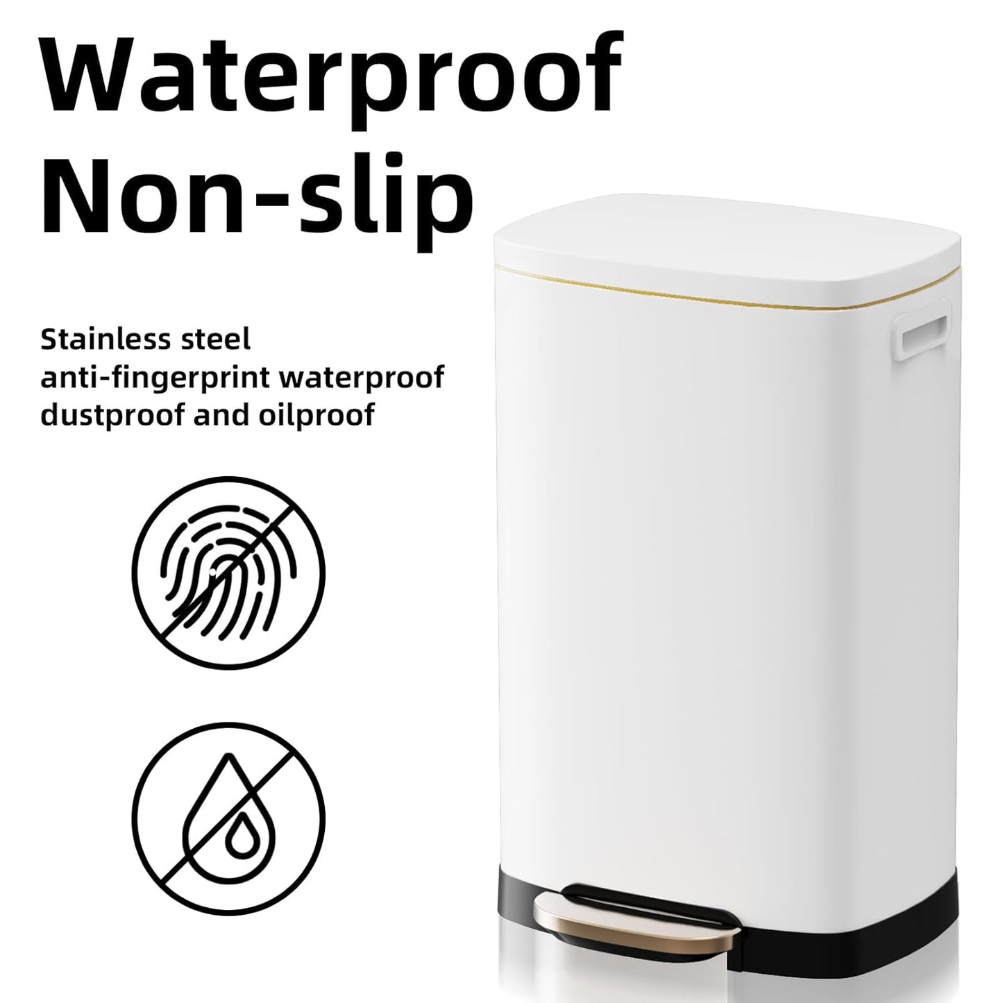 13 Gallon Trash Can with Lid, 50L Fingerprint Proof Stainless Steel Kitchen Trash Can with Removable Inner Bucket and Lid Soft Close, Pedal Rubbish Bin for Home Office, White