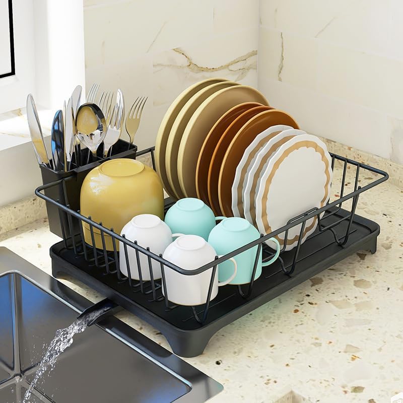 Dish Drying Rack - Expandable Dish Rack for Kitchen Counter, Dish Drainer for Kitchen Counter with Cutlery Holder, Drying Rack Fit for 14’’-21’’ Kitchen Sink