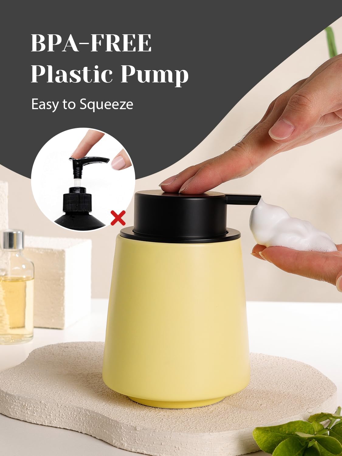 INGOFIN Ceramic Foaming Soap Dispenser -14 oz Foam Hand Soap Dispenser Bathroom, Modern Refillable Dish Wash Bottle for Kitchen with Large Pump, Matte Yellow