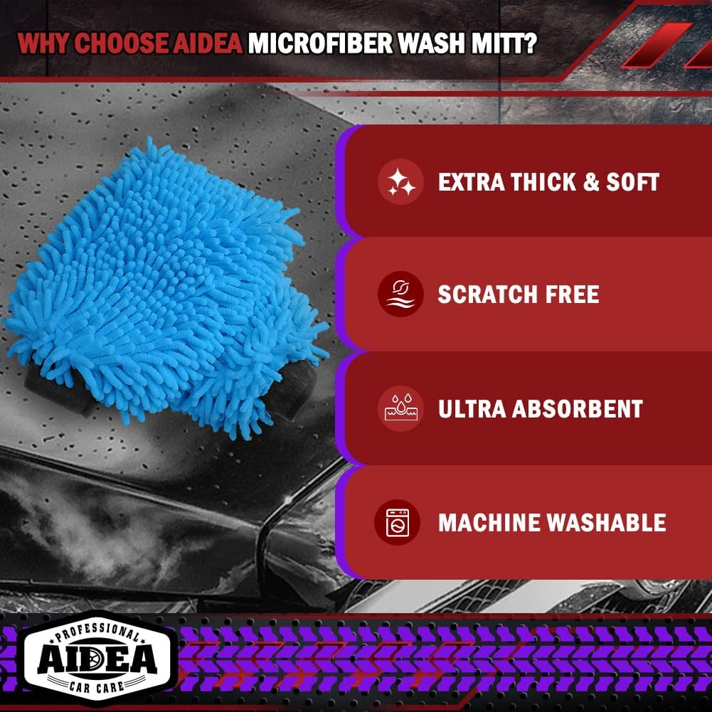 AIDEA Car Wash Mitt Microfiber, 1PK Scratch Free Lint-Free, Premium Chenille Microfiber Sponge Mitt Car Wash Brush, Blue, Regular Size 7.12''X10.14''