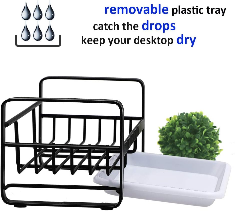 Sponge Holder with Drain Pan - Kitchen Sink Organizer - Sink Caddy Holder - Sink Tray - Soap Holder - Stainless Steel (Black)