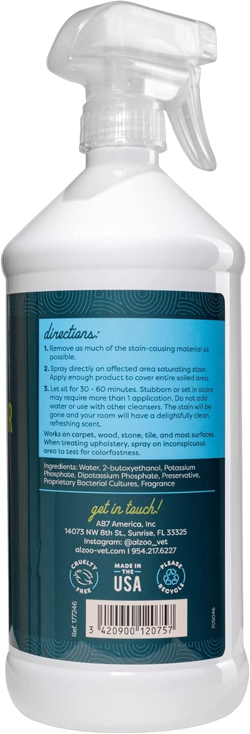 ALZOO Stain & Odor Remover, Quickly Lifts & Dissolves Pet Stains & Helps Eliminate Odors, 100% Plant-Based Active Ingredients, Apple Blossom Scent, 32 Fl. Oz Spray Bottle