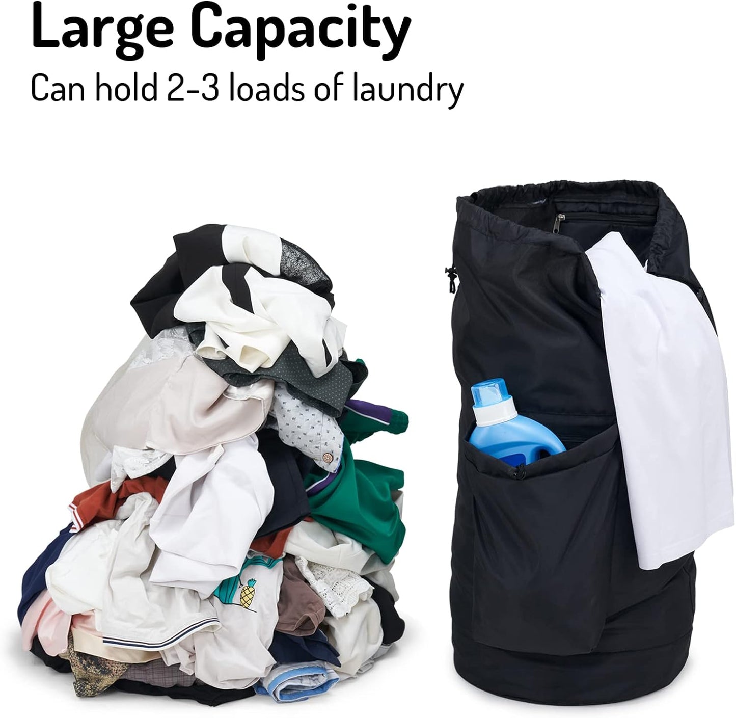 Laundry Backpack Bag, Dirty Clothes Travel Laundry Bag with Shoulder Straps for College Dorm Room (Black)