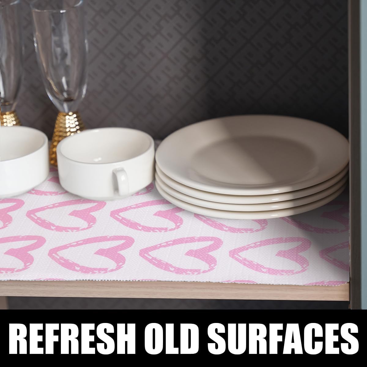 Heart Drawer Liner for Cabinets 16IN x 10FT,Shelf Liner Non-Adhesive and Strong Non-Slip Cabinet Drawer Liners for Kitchen,Table,Bookshelves,Waterproof Cupboard Liners,Pink