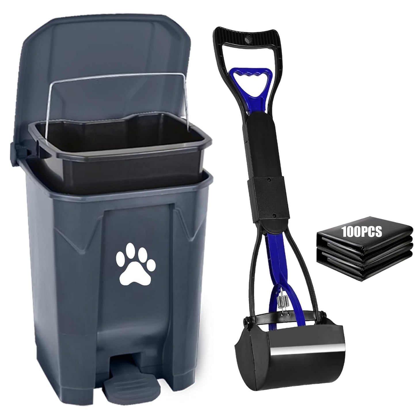 Dog Poop Trash Can Outside with Pooper Scooper, Outdoor Dog Waste Trash Can with Lid Waste Bag Odor Control for Yard Garden, 20L Grey