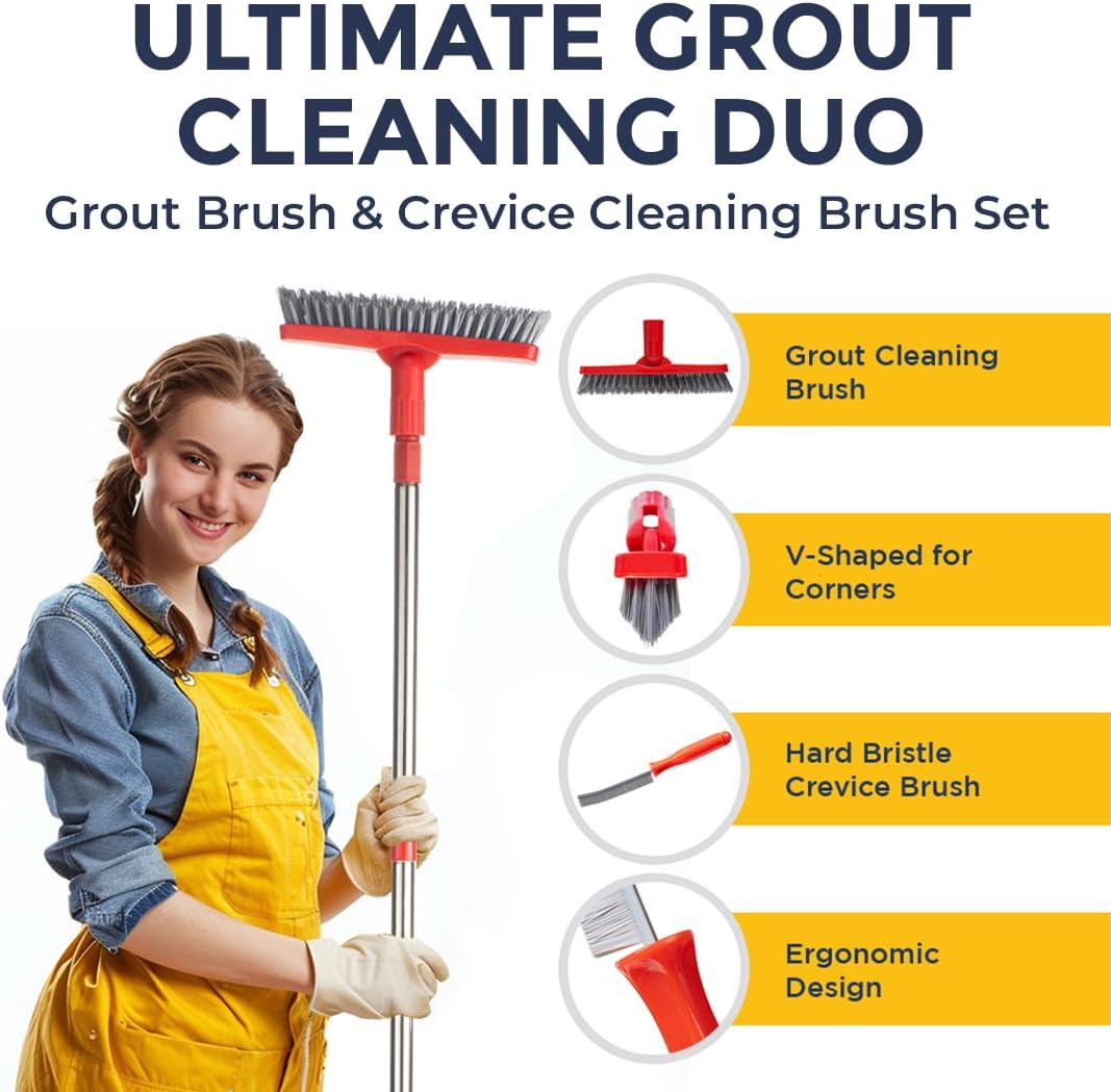 Grout Brush with Long Handle & Hard Bristle Crevice Cleaning Brush, Grout Cleaner for Tile Floors, Floor Scrubber for Tile Grout Line, Household Use, Multipurpose Gap Cleaning Tools by Foxtrot Living