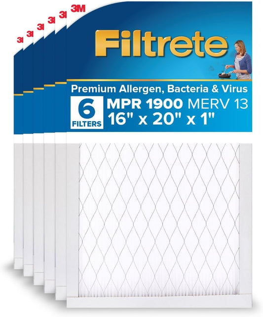 Filtrete 16x20x1 AC Furnace Air Filter, MERV 13, MPR 1900, Premium Allergen, Bacteria & Virus Filter, 3-Month Pleated 1-Inch Electrostatic Air Cleaning Filter, 6-Pack (Actual Size 15.69x19.69x0.78 in)