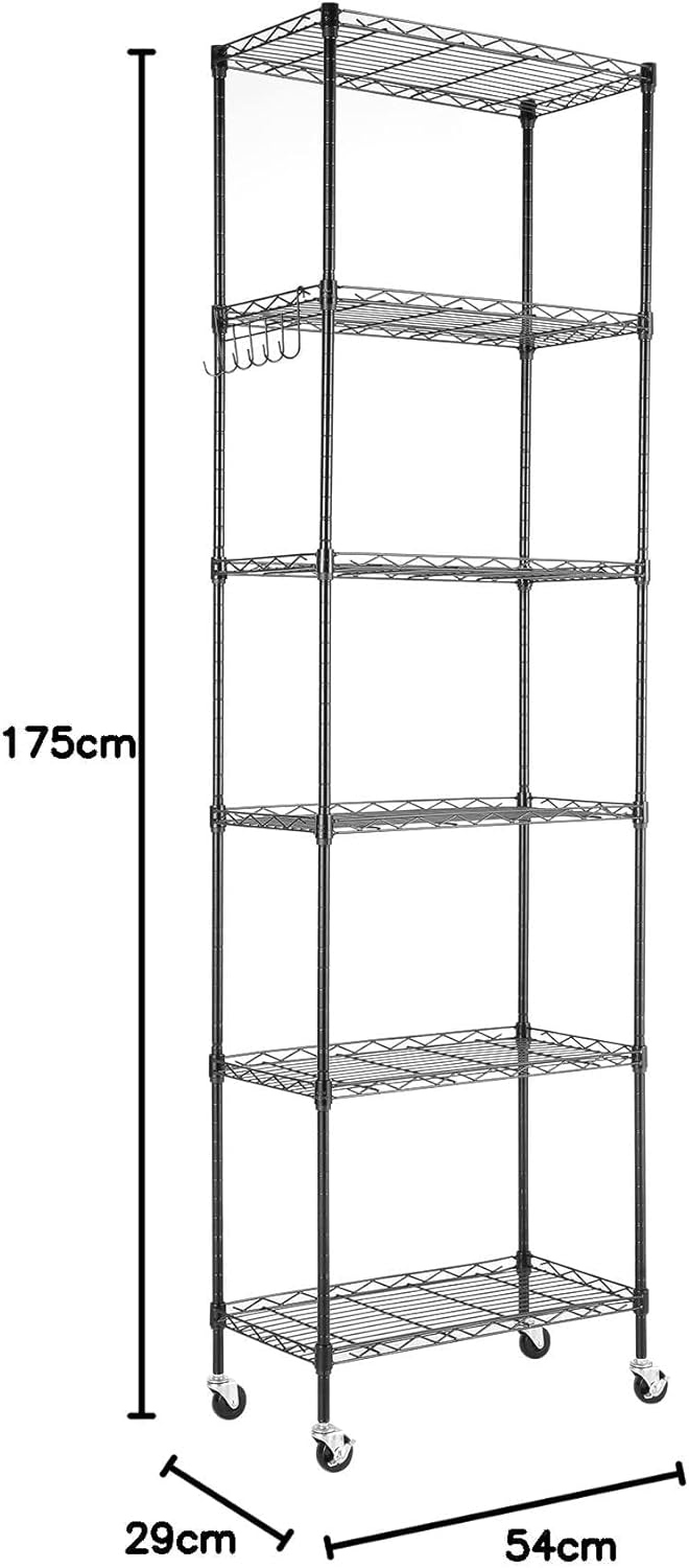 Himimi 6-Tier Storage Shelf Units, Adjustable Wire Shelving with Wheels, Metal Shelves with Stainless Side Hooks, Free Standing Shelving for Laundry Bathroom Kitchen Pantry Closet, Black