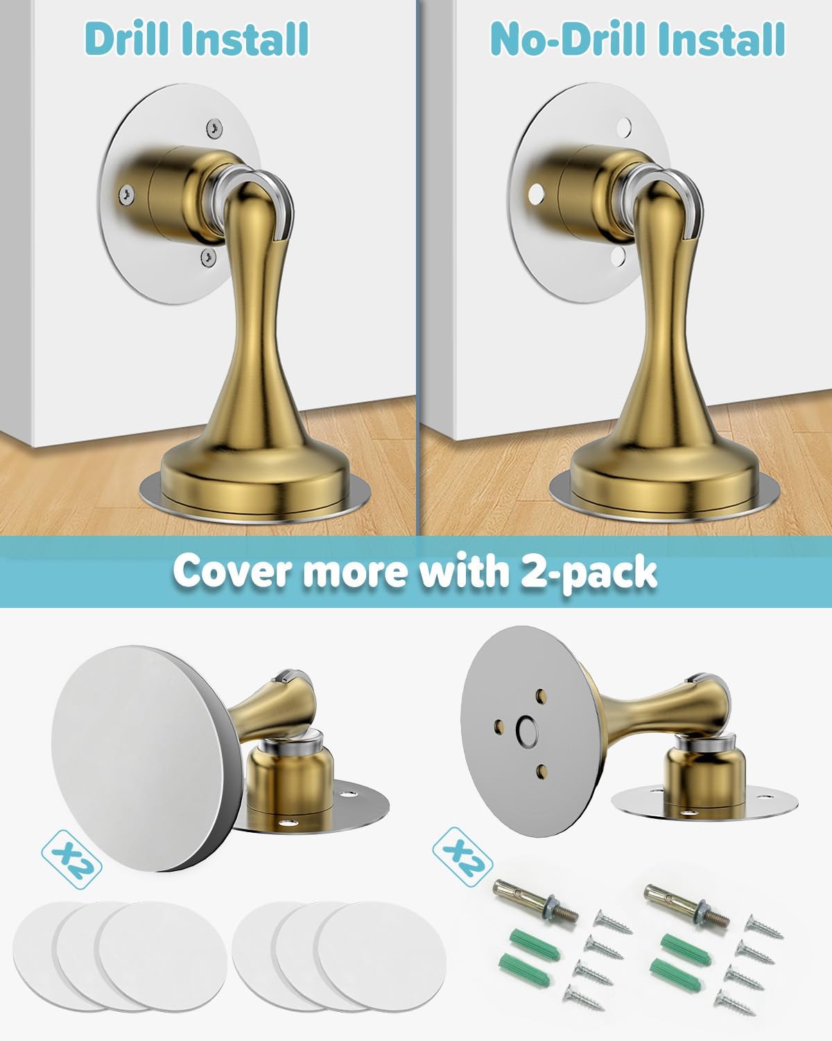 Door Stoppers Magnetic Door Catch - 2 Pack Stainless Steel Heavy Duty Door Stops for Bottom of Door, Wall & Floor Mounting No-Drill Strong Adhesive & Screws, Strong Door Holder to Keep Door Open,Gold