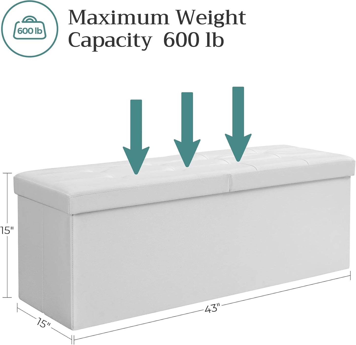 SONGMICS MAZIE Collection - 43 Inches Storage Ottoman Bench with Flipping Lid, Storage Chest with Iron Frame Support, Load 660 lb, for Living Room, Bedroom, Synthetic Leather, White ULSF75WT