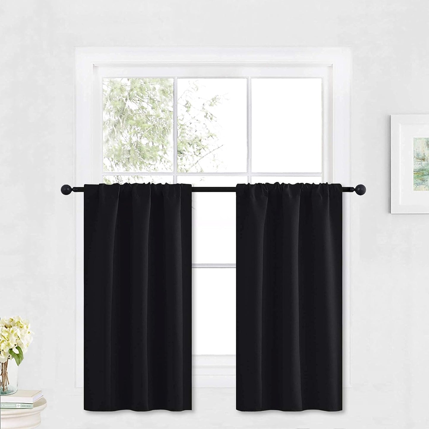 RYB HOME Blackout Curtains Black - Sunlight Block Energy Saving Drapes for Bedroom Bathroom Home Office Small Window Treatment Panels, W 29 x L 36 inch, Black, 2 Panels
