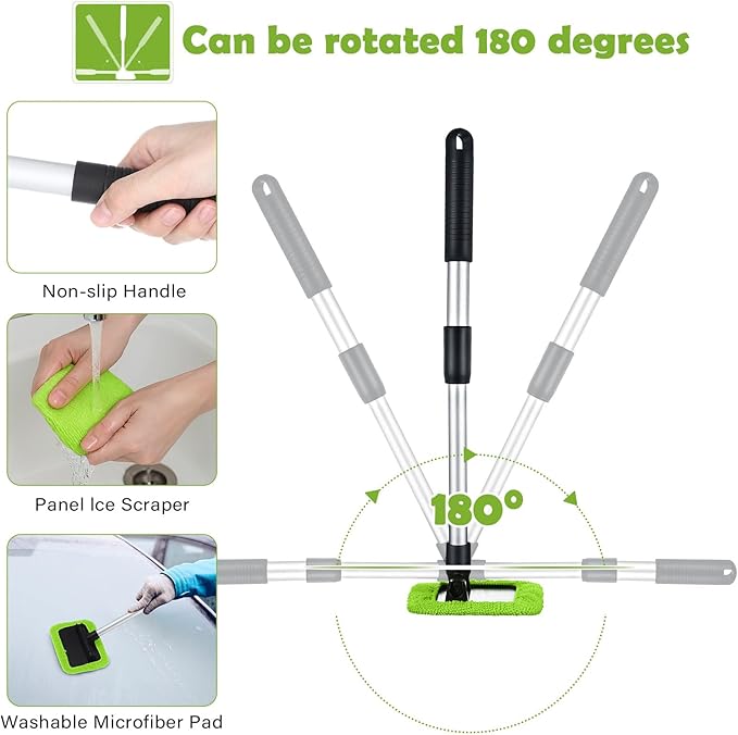 Frienda 3 Set Windshield Cleaner Tool Inside Car Window Cleaner Tool with 3 Extendable Handle 9 Reusable Microfiber Pads and 3 Spray Bottles for Auto Home Interior Exterior Glass Cleaning(Green)