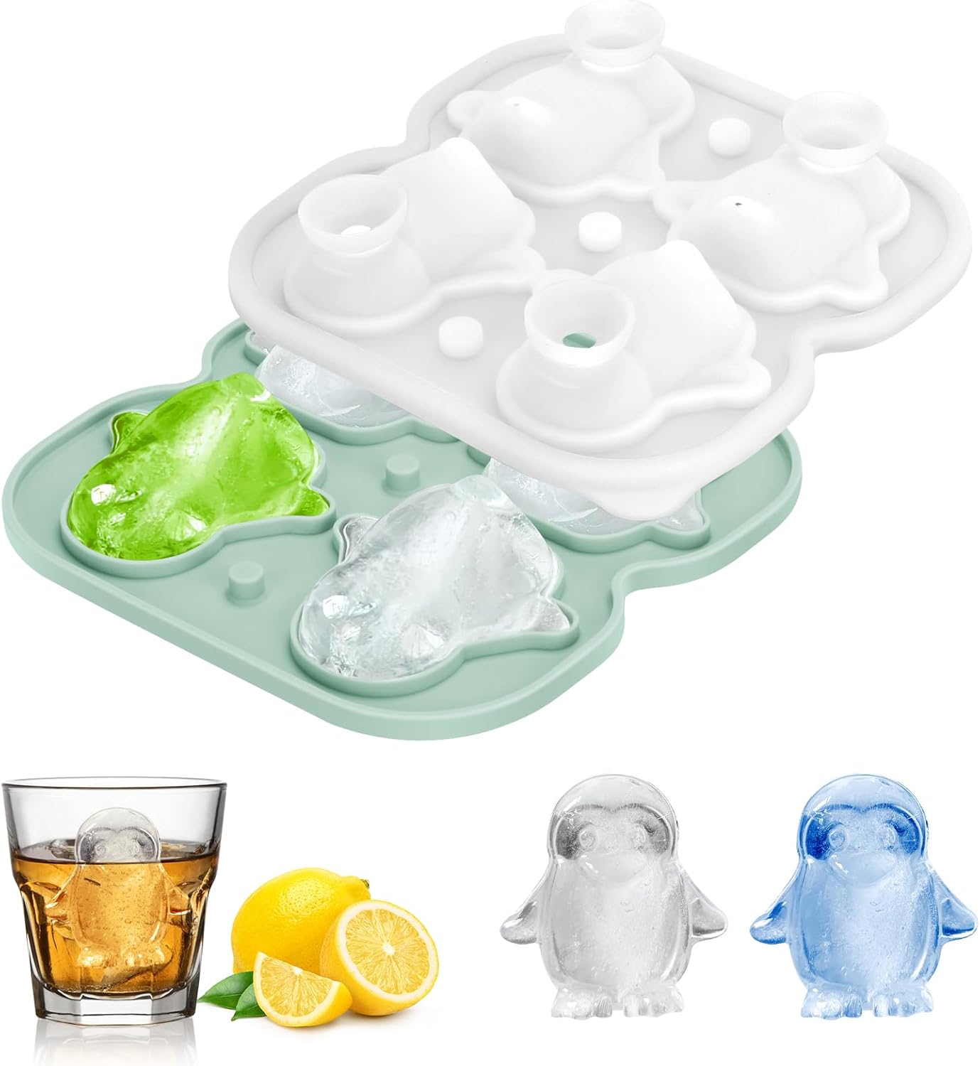 Silicone Ice Cube Tray,Penguin 3D Large Ice Cube Molds for Whiskey,Cocktails,Wine,Juice and Bourbon,4 Big Cute Animal Ice Trays for Freezer with Lid Easy-Release BPA Free(Penguin)