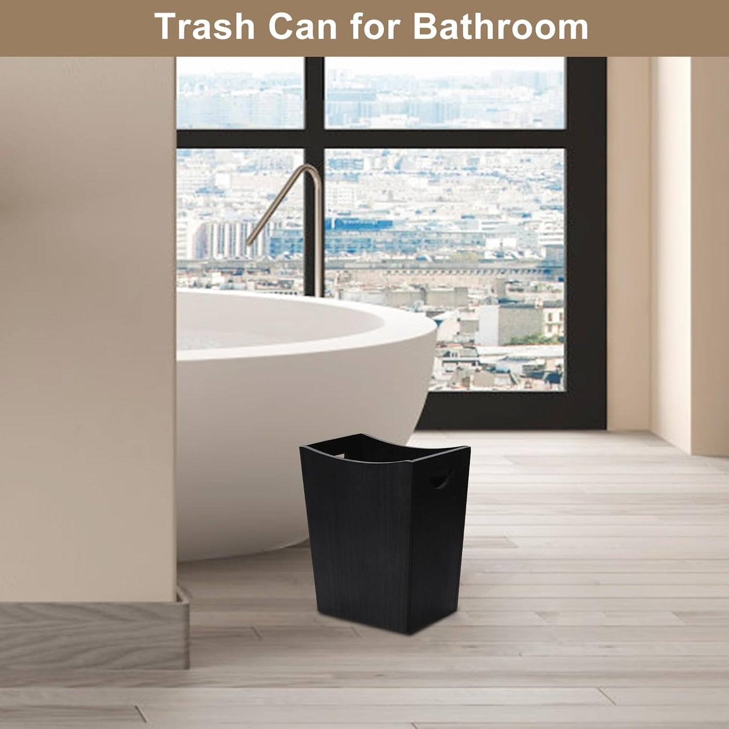 SEHERTIWY Wood Trash Can, Farmhouse Wastebasket Bin for Bathroom, Office, Bedroom, Living Room, Small Square Rustic Garbage Container (Wood-Black)