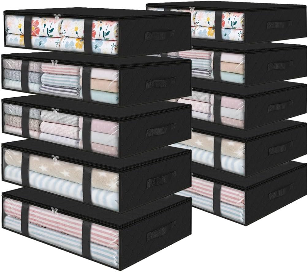 StorageRight Under Bed Storage Bins, 10-Pack 40L Foldable Fabric Storage Bags with Transparent Window, Breathable Organizer for Clothes/Blanket/Comforter/Quiltr, Black