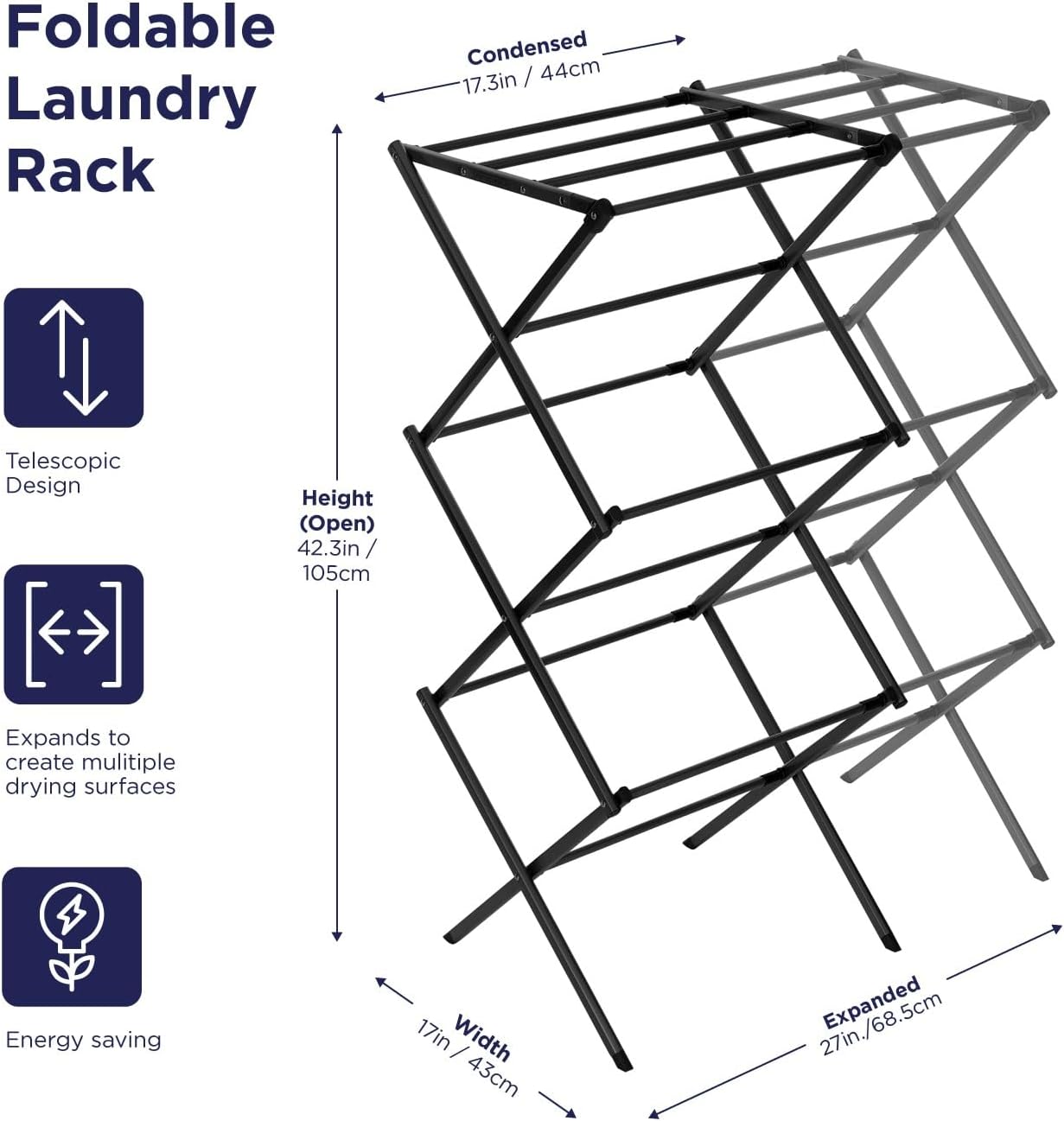 BLACK+DECKER Laundry Organization Expandable/Collapsible Clothes Drying Rack. Essential for Camping/Trailers or Anywhere You Air Dry Laundry. Oversized for Multiple Garments, (Black)