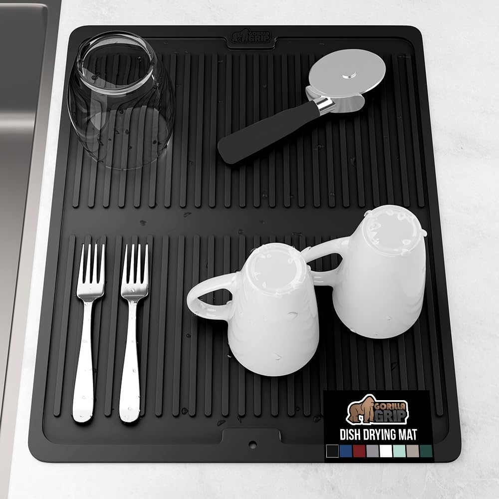 GORILLA GRIP 100% BPA-Free Patented Silicone Dish Drying Mat for Kitchen Counter, 18x16 Inch, Water Catching Ribbed Design, Easy Clean Waterproof Sink Liner, Heat Resistant, Fits Under Rack, Black
