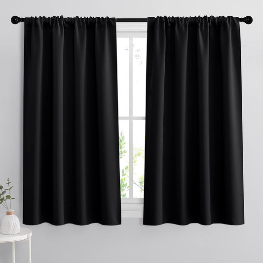 RYB HOME Black Curtain Panels for Nursery Soft Solid Energy Saving Drapes Window Treatments Insulated Panels Sunlights Block Privacy Protect for Bedroom Kitchen, 42 in x 54 in, Black, 2 Pcs
