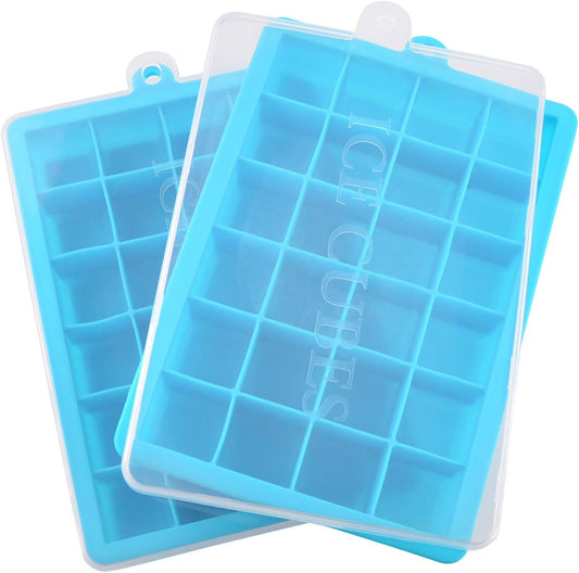 Ice Cube Tray, Silicone Square Ice Trays Easy Release Stackable Ice Cube Mold with Removable Lid, 24 Cavity (2 Pack, Sky Blue)