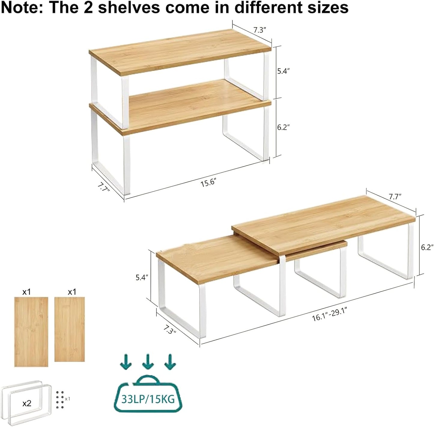 Cabinet Organizer Shelf, Kitchen Counter Storage, 2-Piece Set, Stackable Spice Rack, Metal and Wood (White and Natural Beige)