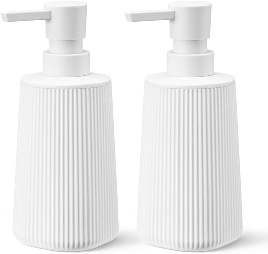 White 2 Pack Hand Soap Dispensers with No Rust Pump for Bathroom and Kitchen Countertops Refillable Striped Matte Plastic 8.5 oz