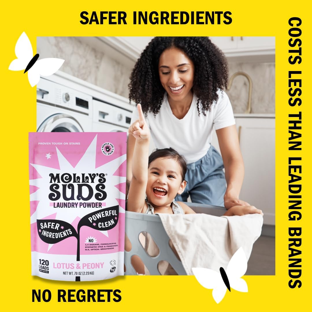 Molly's Suds Original Laundry Detergent Powder | Clean Laundry Detergent Powder for Sensitive Skin | Simple, Effective Ingredients, Stain Fighting | 120 Loads (Lotus & Peony)