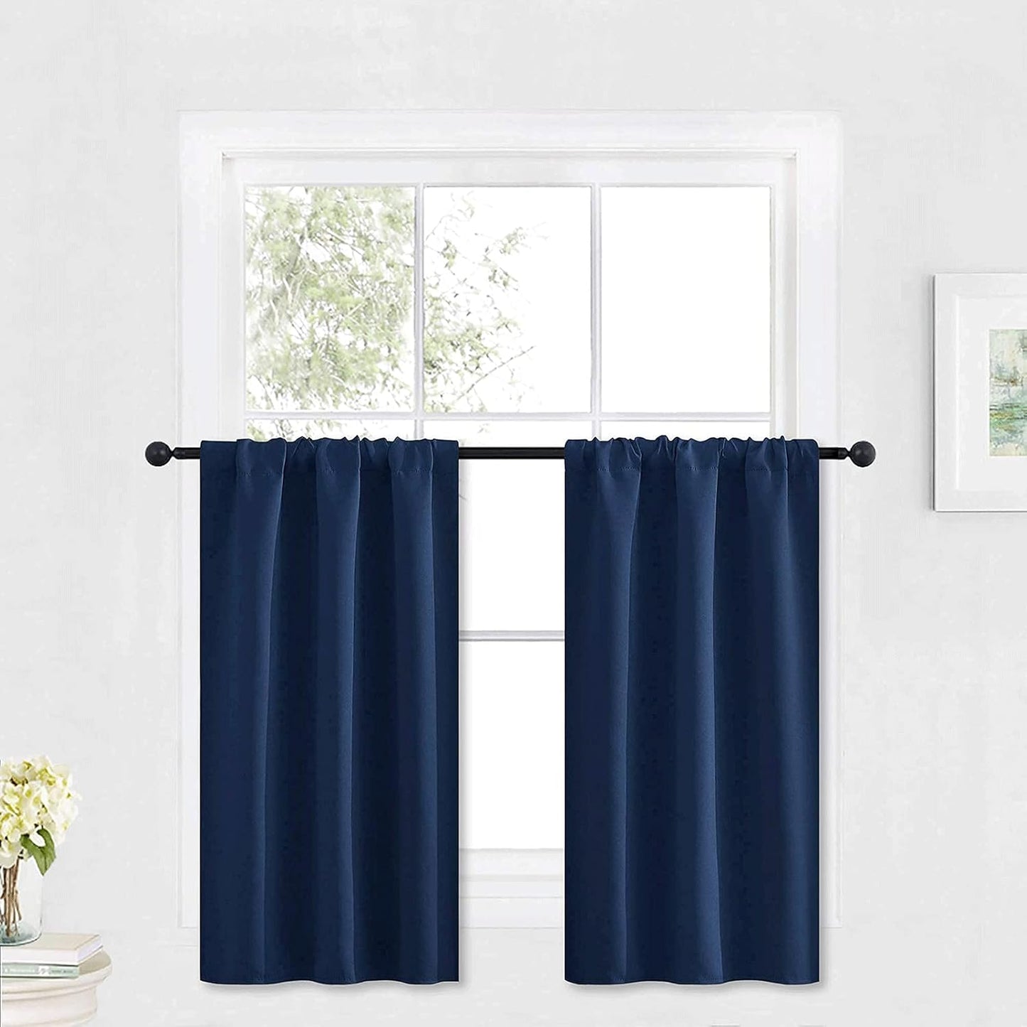 RYB HOME Blackout Curtains Small Window Decor Light Block Thermal Insulated Drapes for Bedroom Bathroom Kitchen Cabinet, W 29 x L 36 inch, Navy Blue, 2 Panels