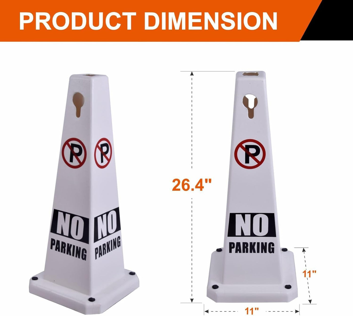 4-Pack 26.5" Caution Cones, 4-Sided Visible Safety Signs with Heavy Rubber Base, Warning for Slip & Fall Prevention, Indoor/Outdoor Use (White, 4Pcs-No Parking)