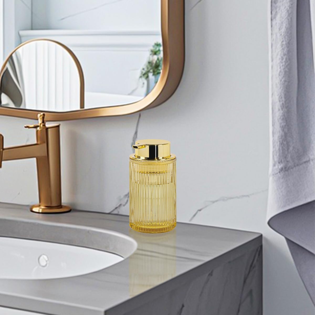 Amber Foaming Soap Dispenser, Glass Foam Hand Soap Dispenser with Gold Pump, 11 Oz Bathroom Refillable Liquid Lotion Pump Ribbed Bottle Container for Kitchen Countertop Decor