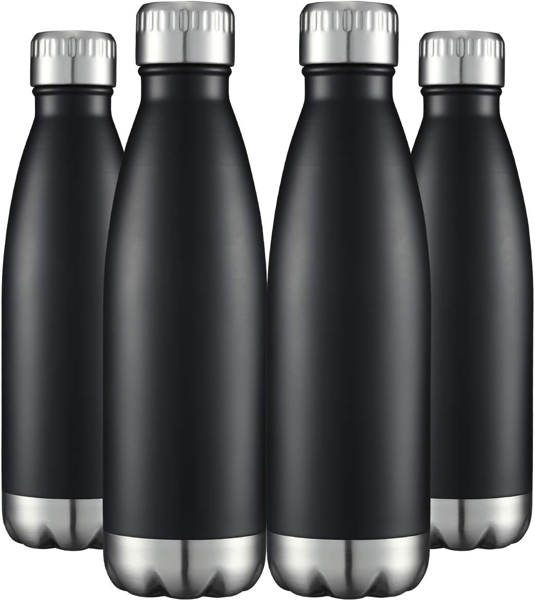 HASLE OUTFITTERS 17oz Stainless Steel Water Bottles Bulk, Vacuum Insulated Water Bottles Double Walled Reusable Metal Sports Water Bottles Keep Drinks Hot and Cold, Black, 4Packs
