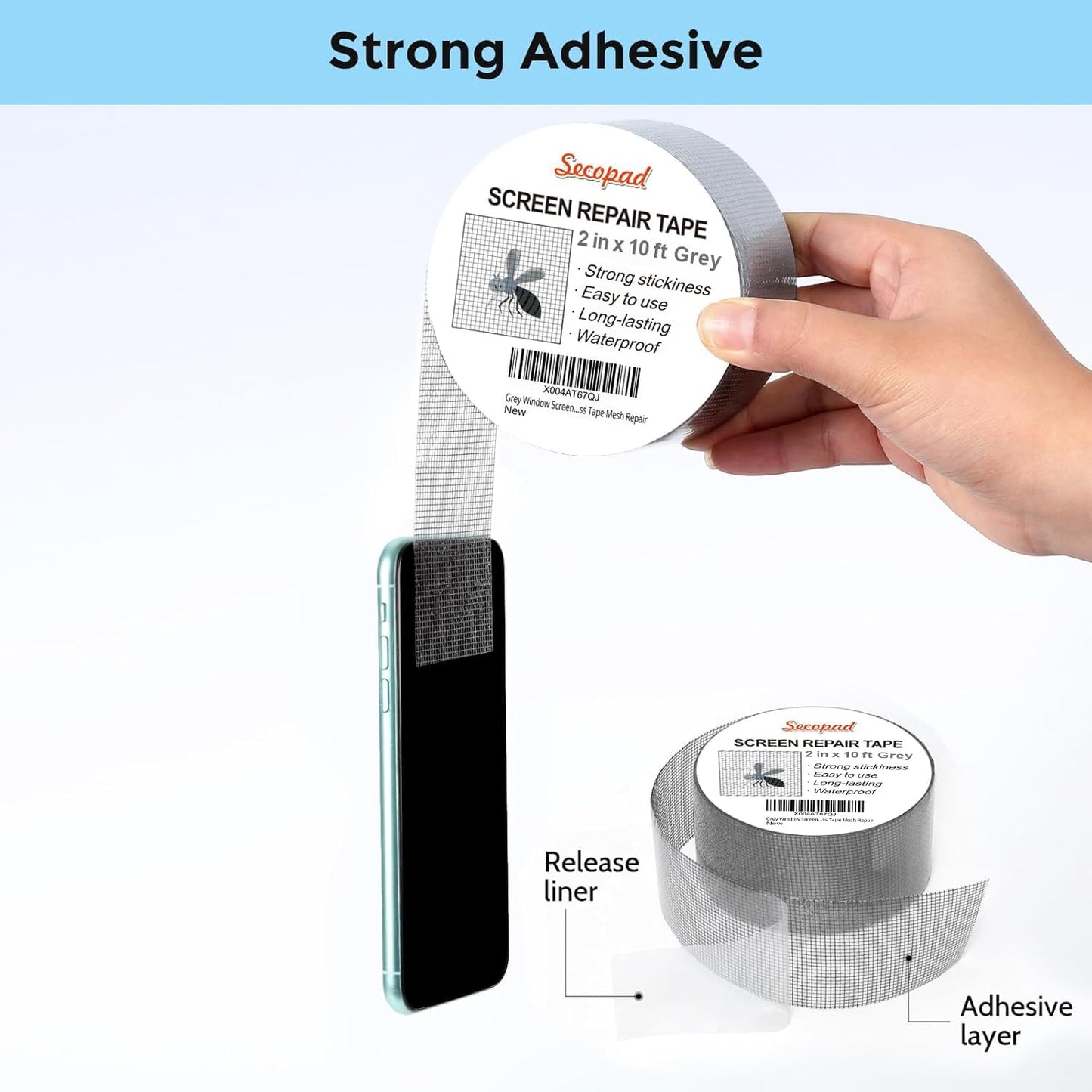 Grey Window Screen Repair Tape, 2IN X 10FT Screen Repair Kit for Windows or Doors, Strong Adhesive Fiberglass Mesh Patch Tape