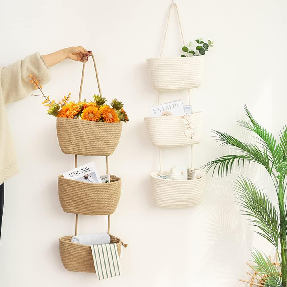 TeoKJ Over the Door Hanging Baskets, 3-Tier Woven Cotton Storage Organizer Bag with Hooks Wall-Mounted Decorative Nursery Kitchen Baskets - White