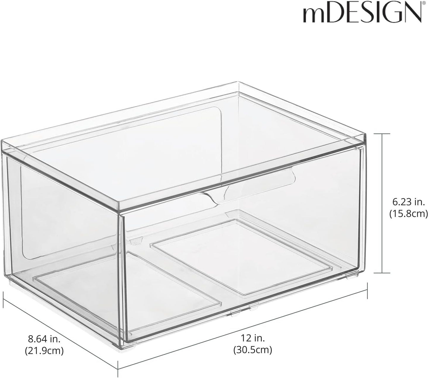mDesign Plastic Wide Stackable Kitchen Storage Organizer Bin Containers with Front Pull Drawer for Cabinet, Pantry, Fridge, Freezer, Shelf, Refrigerator Organization, Lumiere Collection, 4 Pack, Clear