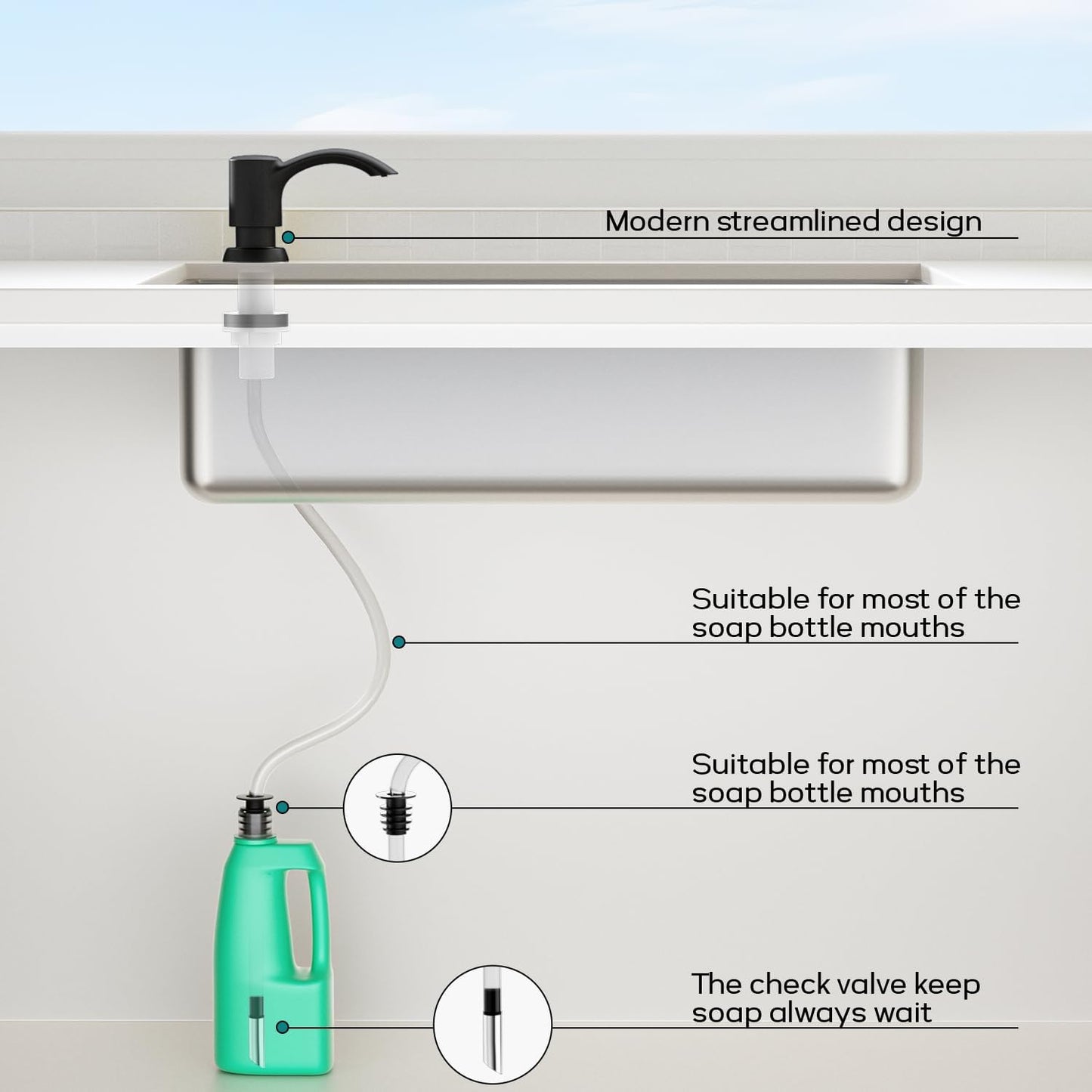 SAMODRA Built-in Kitchen Sink Soap Dispenser with Extension Tube Kit - Matte Black Finish, Leak-Proof Design, No Top Refill Required (39" Tube)