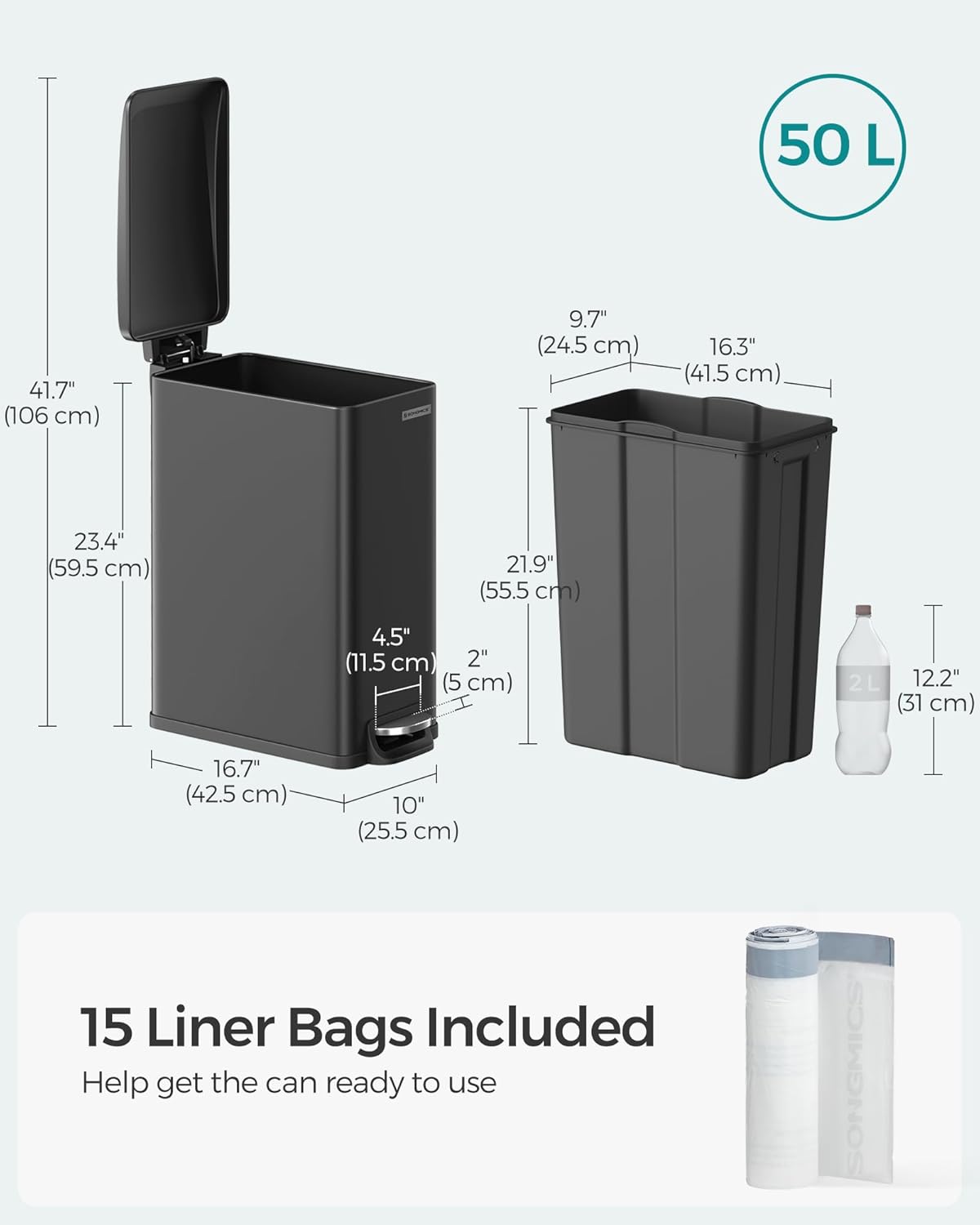 SONGMICS Slim Trash Can, 13-Gallon (50 L) Garbage Can for Narrow Spaces with Soft-Close Lid, Inner Bucket, and Step-on Pedal, Stainless Steel, 15 Trash Bags Included, Black ULTB510B48
