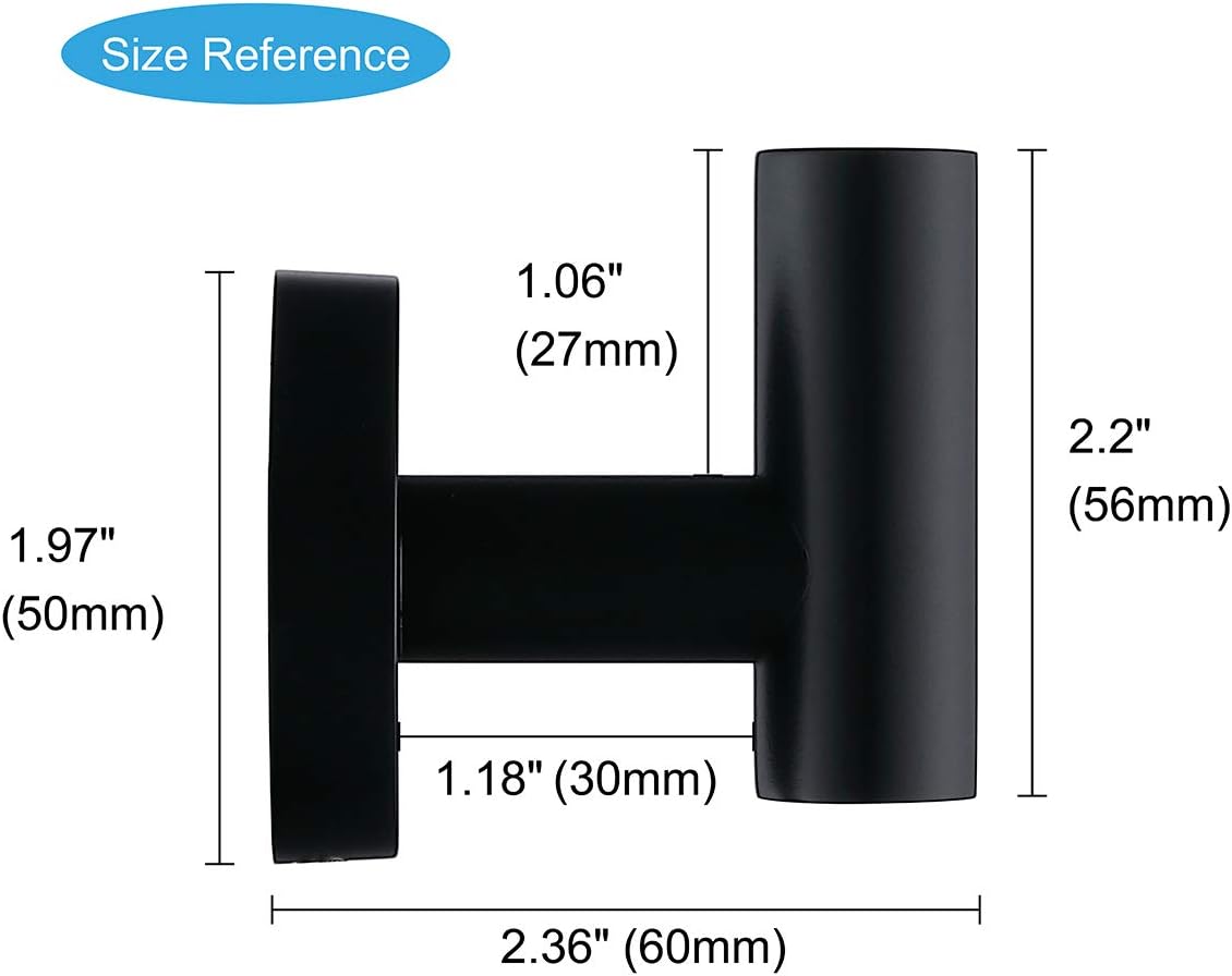 TASTOS Matte Black Bathroom Towel Coat Hook Stainless Steel, 2 Pack Robe Clothes Cabinet Closet Sponges Hooks Holder Round Style Heavy Duty Wall Hook for Bathroom Kitchen Hotel Wall Mounted