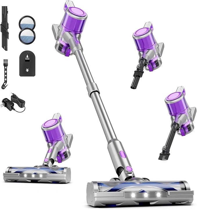 Cordless Vacuum Cleaner, 38Kpa Powerful Stick Vacuum Cleaner with 45mins Rechargeable Battery, LED Anti-Tangle Brush, 8-in-1 Handheld Vacuum Cleaners for Home/Pet Hair/Carpets/Floors, Purple
