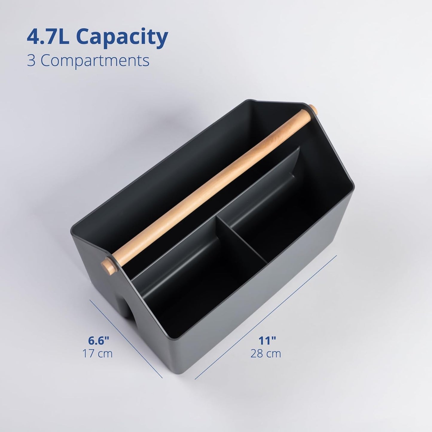 BLUE GINKGO Medium Storage Basket – Plastic Caddy with Wooden Handle for Office, Arts & Crafts, or Home Supplies (Gray)