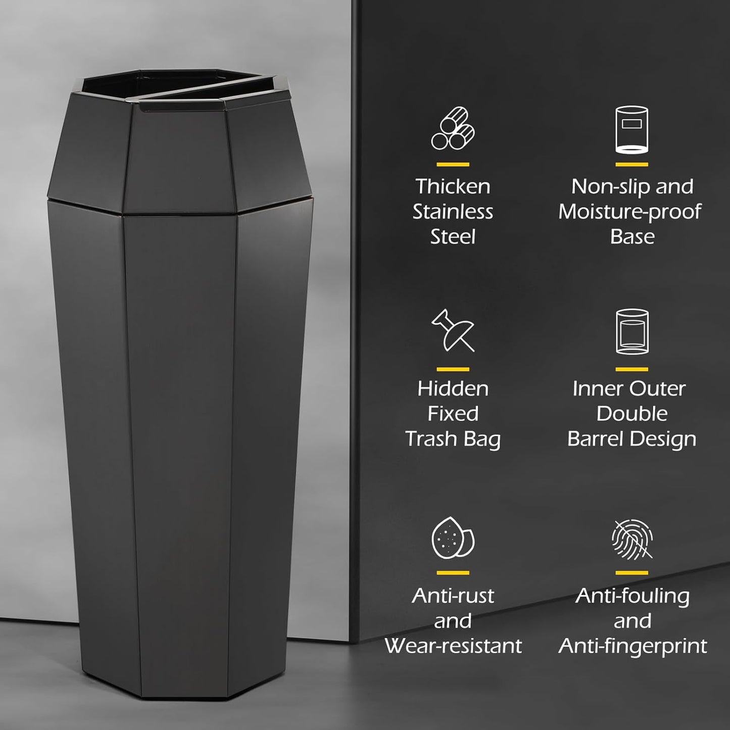 Dyna-Living Commercial Heavy-Duty Trash Cans Outdoor Garbage Can with Lid Large Trash Cans with Inside Cabinet for Patio, Black Stainless Steel Garbage Can Commercial Indoor Trash Bin for Lobby