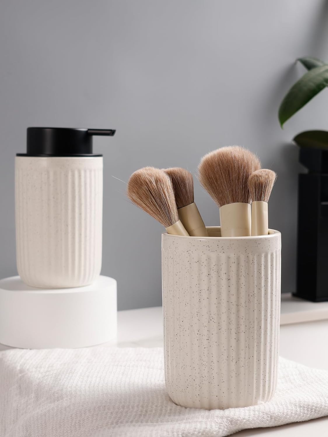 Bosilunlife Soap Dispenser and Toothbrush Holder Set - 11Oz Foam Soap Dispenser Pump Ceramic Bathroom Counter Soap Toothbrush Holder Set Beige Bathroom Accessories Set