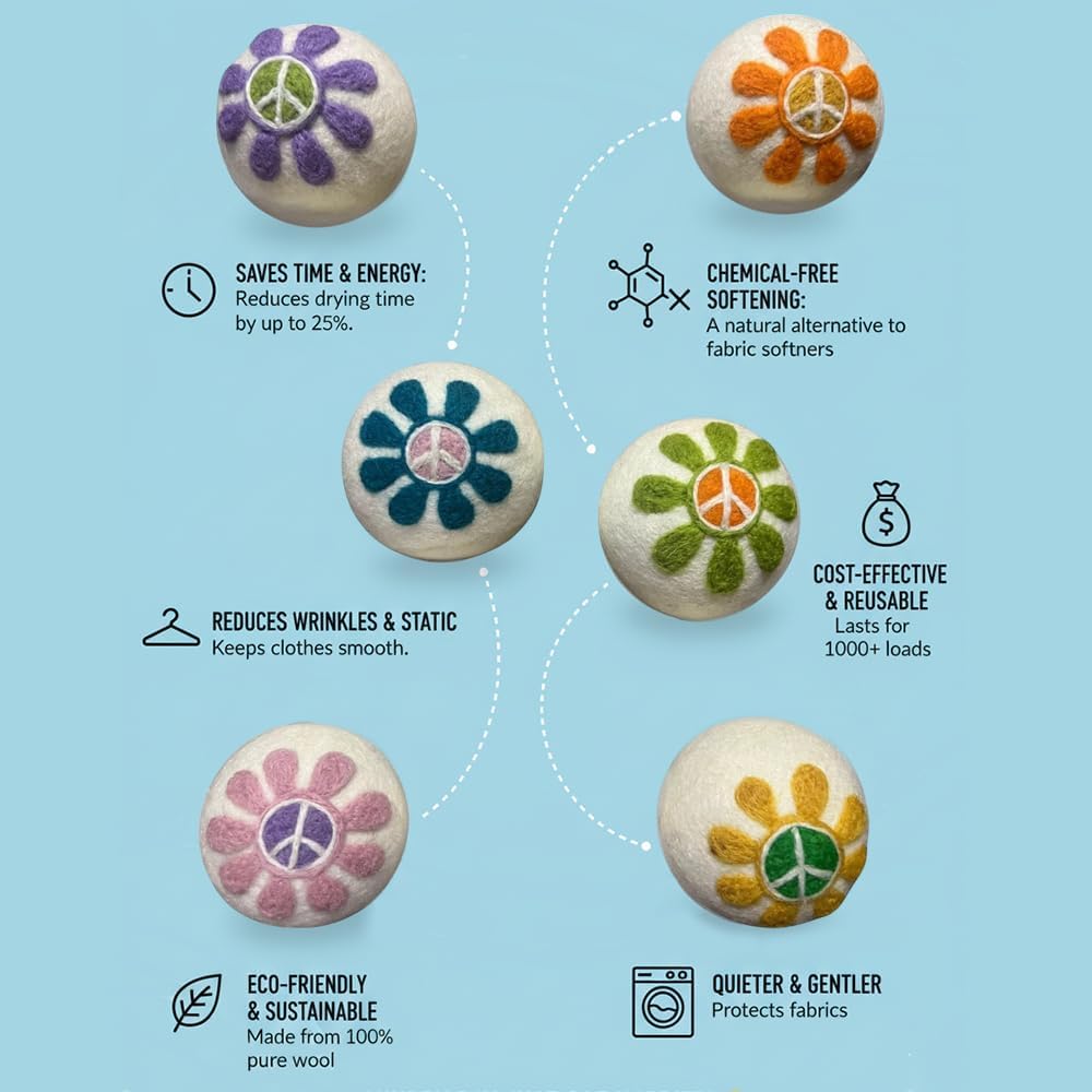 Ezhippie Quality Wool Dryer Balls - 6 XL Flower Pack - 1000+ Loads - Pure Organic Wool - Reusable Natural Fabric Softener Perfect with Essential Oils, Reduce Clothing Static and Wrinkles